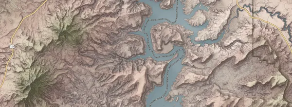 A screen shot of the terrain map of an area in the desert with a river and lake.