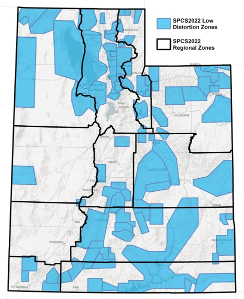 SPCS2022 regional and low distortion zones for Utah over a light gray basemap