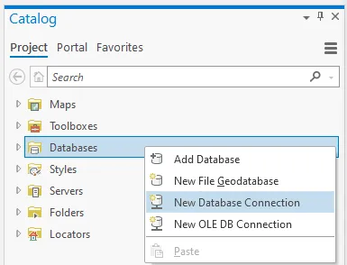A screenshot of the ArcGIS Pro add database context menu