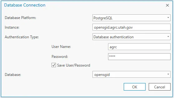 A screenshot of the ArcGIS Pro database connection screen