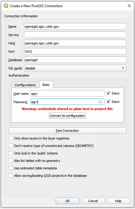 A screenshot of the QGIS database connection screen