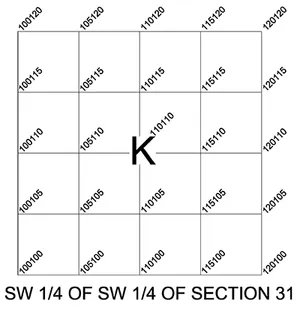 A labeled quarter section grid